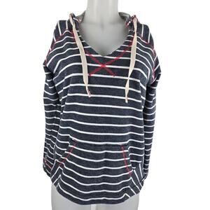 Columbia PFG Blue White Stripped Hooded Kangaroo Pockets Womens Sweater M